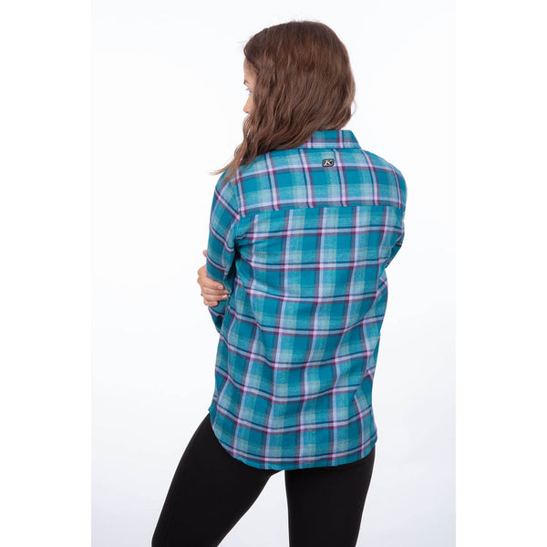 Clean studio shot of Klim Sunlight Trail Midweight Flannel Shirt; showing flannel shirt fit, button front, and plaid pattern; SKU 3595-000-110-802