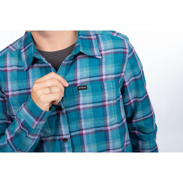 Clean studio shot of Klim Sunlight Trail Midweight Flannel Shirt; showing flannel shirt fit, button front, and plaid pattern; SKU 3595-000-110-802