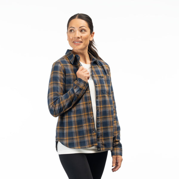 Professional studio photo of Klim; showing flannel shirt fit, button front, and plaid pattern; SKU 3595-000-140-247