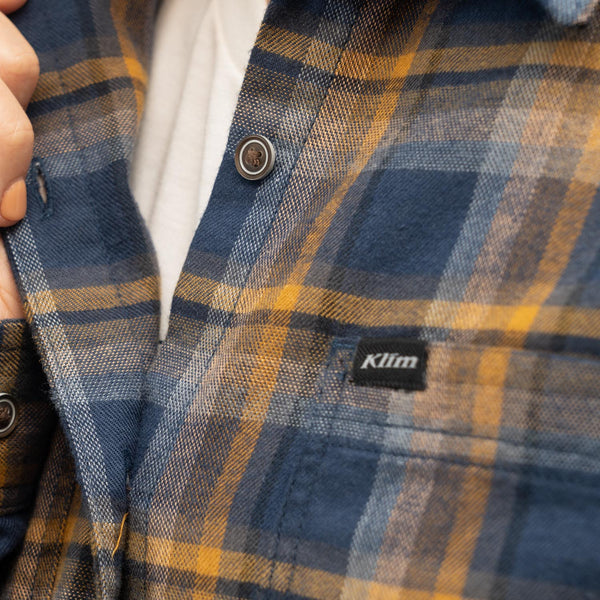 High-resolution studio image of Klim; showing flannel shirt fit, button front, and plaid pattern; SKU 3595-000-160-247