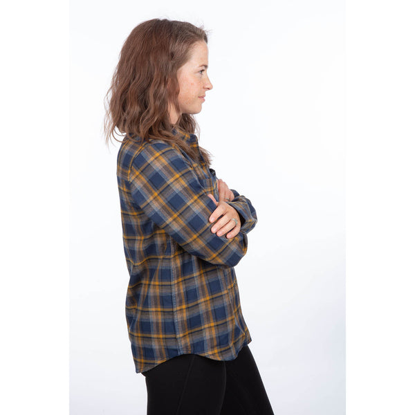 Clean studio shot of Klim Sunlight Trail Midweight Flannel Shirt; showing flannel shirt fit, button front, and plaid pattern; SKU 3595-000-110-802