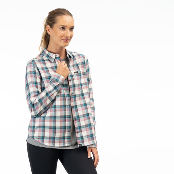 Clean studio shot of Klim Sunlight Trail Midweight Flannel Shirt; showing flannel shirt fit, button front, and plaid pattern; SKU 3595-000-110-802