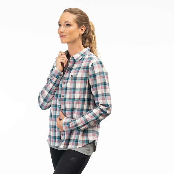 Studio photo on a white background of Klim; showing flannel shirt fit, button front, and plaid pattern; SKU 3595-000-130-802