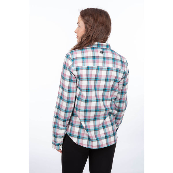 Professional studio photo of Klim; showing flannel shirt fit, button front, and plaid pattern; SKU 3595-000-150-802