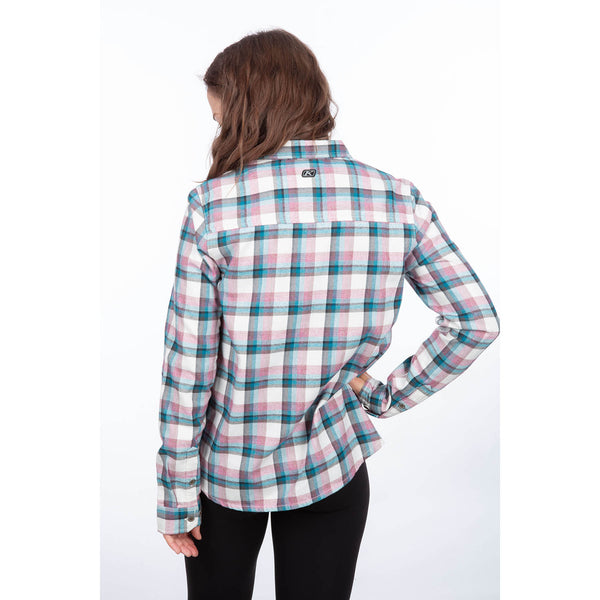 Clean studio shot of Klim Sunlight Trail Midweight Flannel Shirt; showing flannel shirt fit, button front, and plaid pattern; SKU 3595-000-110-802
