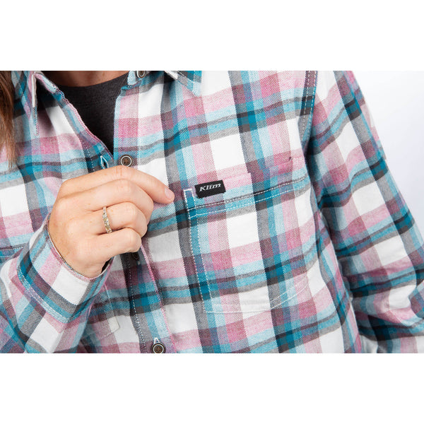 Studio photo on a white background of Klim; showing flannel shirt fit, button front, and plaid pattern; SKU 3595-000-120-247