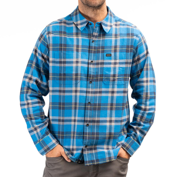 Crisp studio image on a white background of Klim; showing flannel shirt fit, button front, and plaid pattern; SKU 3632-000-140-267