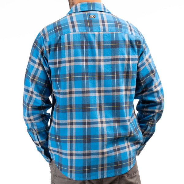 Professional studio photo of Klim Table Rock Midweight Flannel Shirt; showing flannel shirt fit, button front, and plaid pattern; SKU 3632-000-120-408