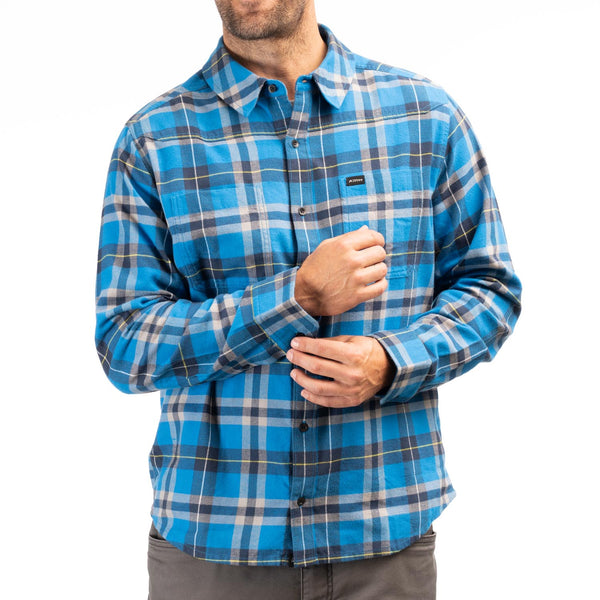 Studio photo on a white background of Klim; showing flannel shirt fit, button front, and plaid pattern; SKU 3632-000-160-267