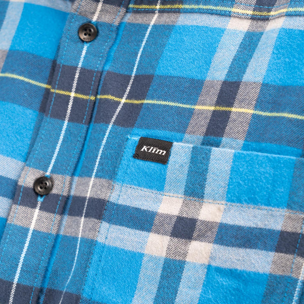 Clean studio shot of Klim Table Rock Midweight Flannel Shirt; showing flannel shirt fit, button front, and plaid pattern; SKU 3632-000-120-408