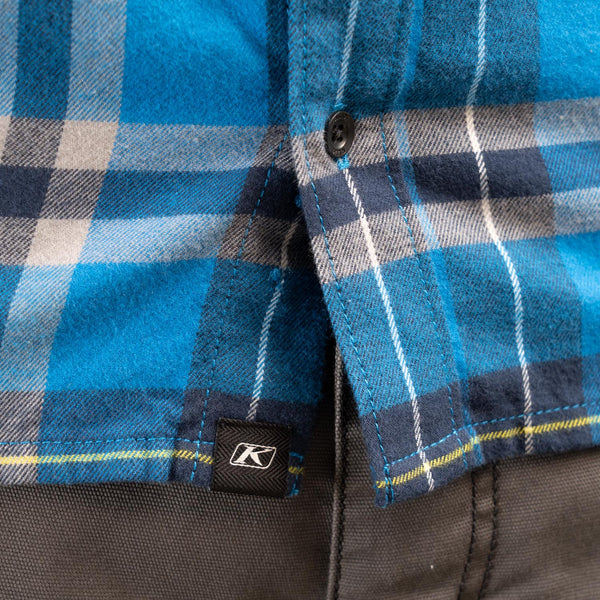 Professional studio photo of Klim Table Rock Midweight Flannel Shirt; showing flannel shirt fit, button front, and plaid pattern; SKU 3632-000-120-408