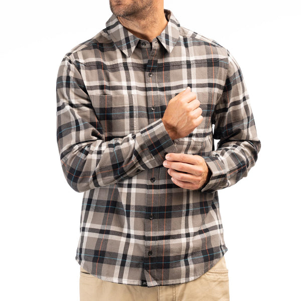 Studio photo on a white background of Klim; showing flannel shirt fit, button front, and plaid pattern; SKU 3632-000-150-657