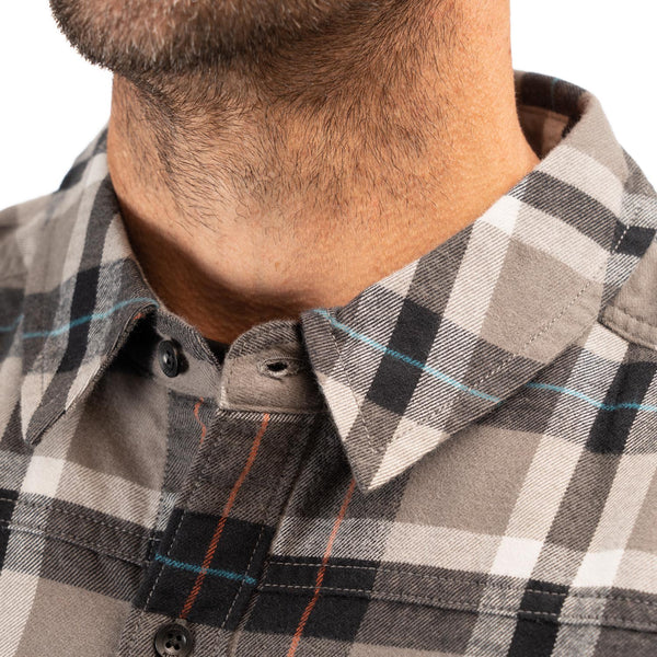 Clean studio shot of Klim Table Rock Midweight Flannel Shirt; showing flannel shirt fit, button front, and plaid pattern; SKU 3632-000-120-408