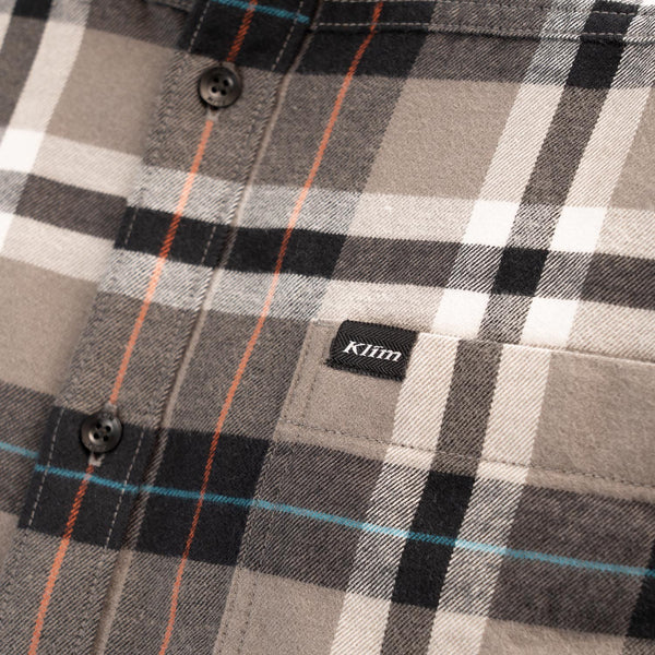 Professional studio photo of Klim Table Rock Midweight Flannel Shirt; showing flannel shirt fit, button front, and plaid pattern; SKU 3632-000-120-408