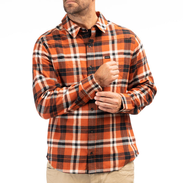 Professional studio photo of Klim Table Rock Midweight Flannel Shirt; showing flannel shirt fit, button front, and plaid pattern; SKU 3632-000-120-408