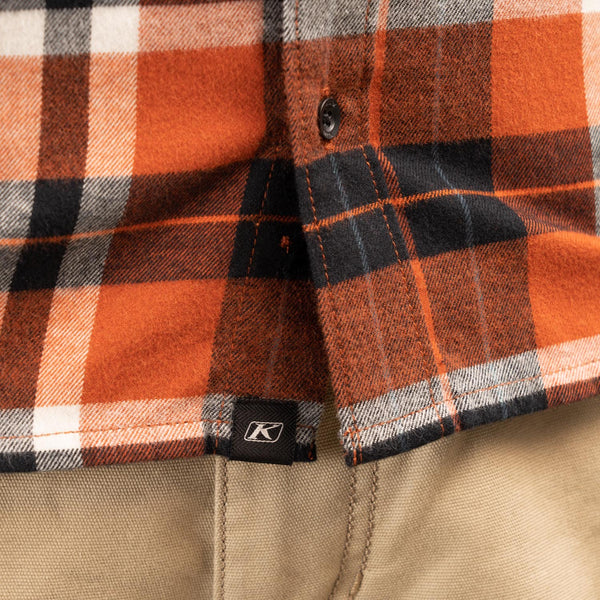 Studio photo on a white background of Klim; showing flannel shirt fit, button front, and plaid pattern; SKU 3632-000-170-408