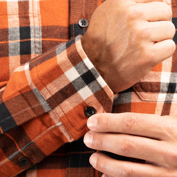 Clean studio shot of Klim Table Rock Midweight Flannel Shirt; showing flannel shirt fit, button front, and plaid pattern; SKU 3632-000-120-408