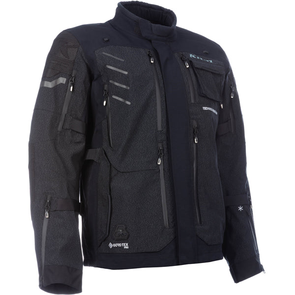 Clean studio shot of Klim Badlands Pro A3 Jacket; showing outer material, seams, and closures; SKU 4101-002-120-000; Colors: Black, Rifle Green/Oil Green