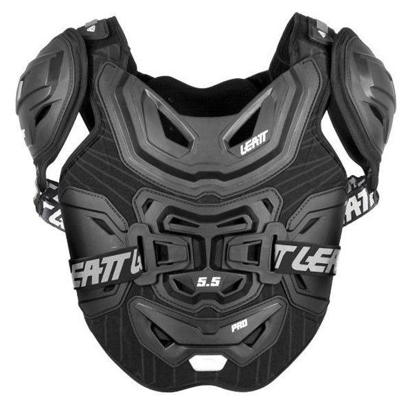 Leatt Leatt - 5.5 Pro Chest Protector (parent SKU 50141011) - Front view showing chassis construction, stretch zones, and reinforcement areas for motocross and off-road protection. Colors: Black, White Sizes: Adult.