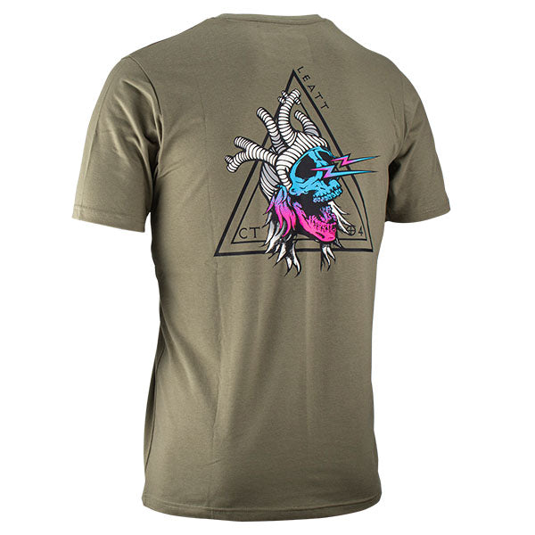 High-resolution studio image of Leatt Core T-Shirt; showing tee fit, printed graphics, and crew neckline; SKU 5023047200; Sizes: S-3XL
