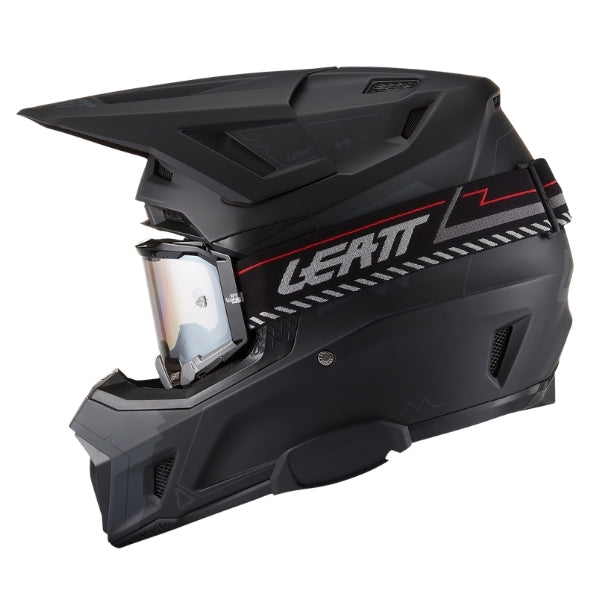 Leatt Moto 7.5 Cardo motocross helmet kit in Stealth Black, left-side profile showing the shell graphics with included goggles
