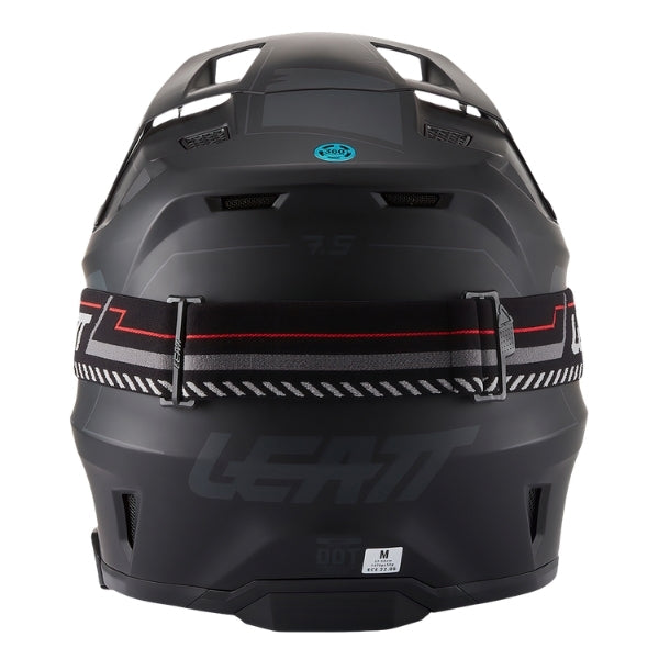 Leatt Moto 7.5 Cardo motocross helmet kit in Stealth Black, rear view showing the shell vents and goggle strap