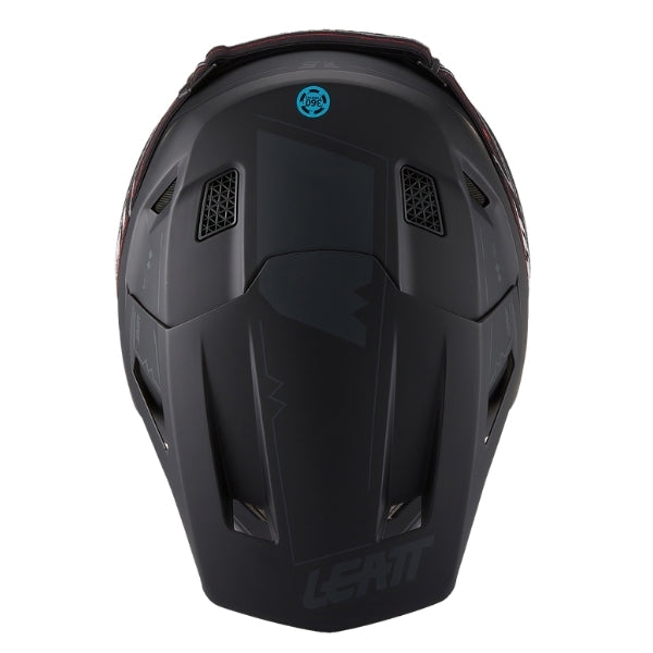 Leatt Moto 7.5 Cardo motocross helmet kit in Stealth Black, top view showing the peak, vents, and shell graphics