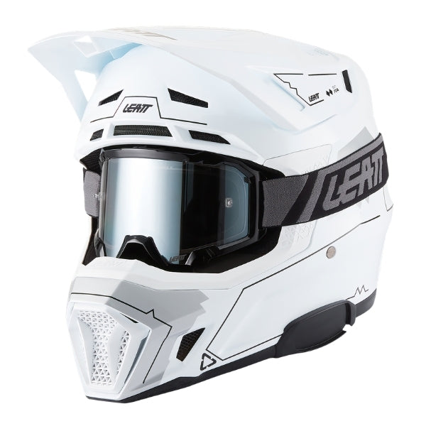 Leatt Moto 7.5 Cardo motocross helmet kit in Magic White, front-left angle showing the peak and chin guard with included goggles