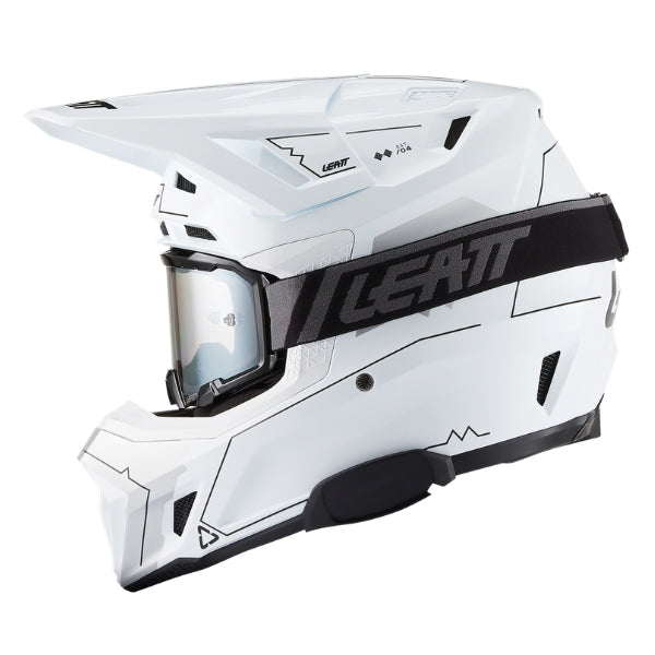 Leatt Moto 7.5 Cardo motocross helmet kit in Magic White, left-side profile showing the shell graphics with included goggles