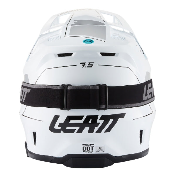 Leatt Moto 7.5 Cardo motocross helmet kit in Magic White, rear view showing the shell vents and goggle strap