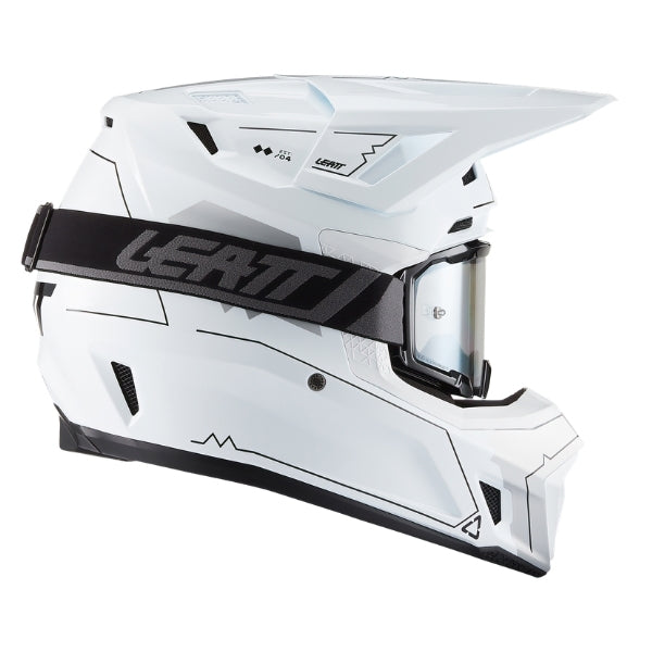 Leatt Moto 7.5 Cardo motocross helmet kit in Magic White, right-side profile showing the peak and chin guard with included goggles