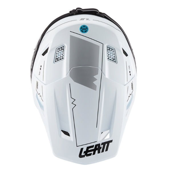 Leatt Moto 7.5 Cardo motocross helmet kit in Magic White, top view showing the peak, vents, and shell graphics