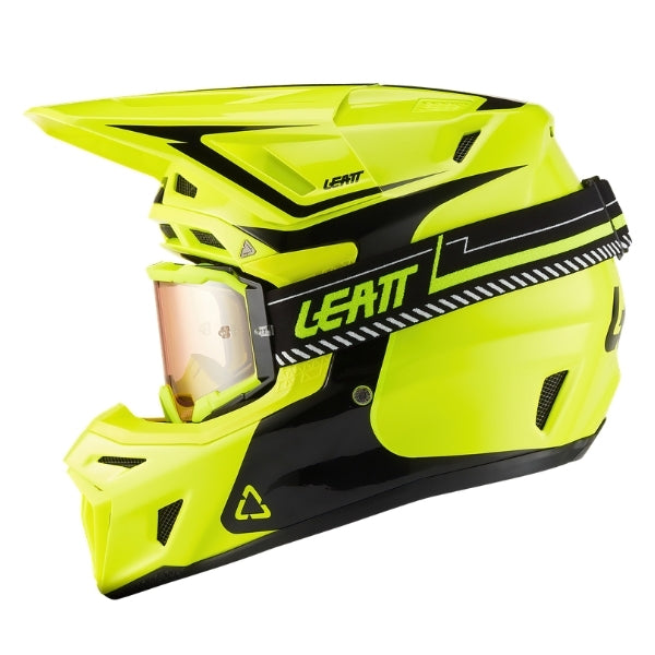 Leatt Moto 8.5 motocross helmet kit in Neon Yellow, left-side profile showing the shell graphics with included goggles