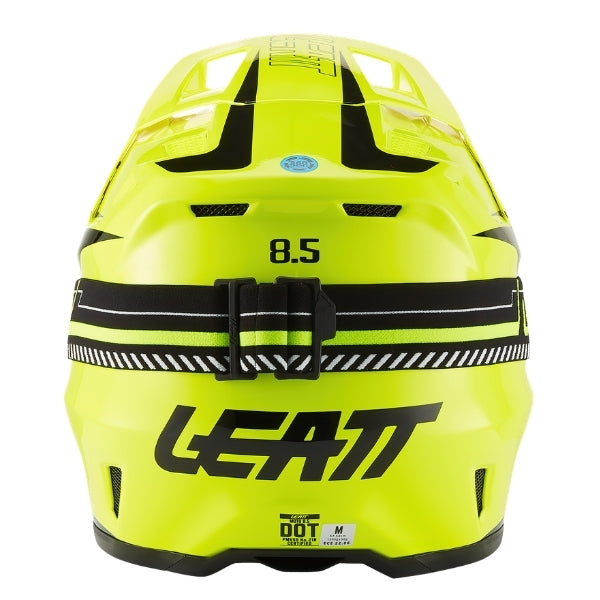 Leatt Moto 8.5 motocross helmet kit in Neon Yellow, rear view showing the shell vents and goggle strap