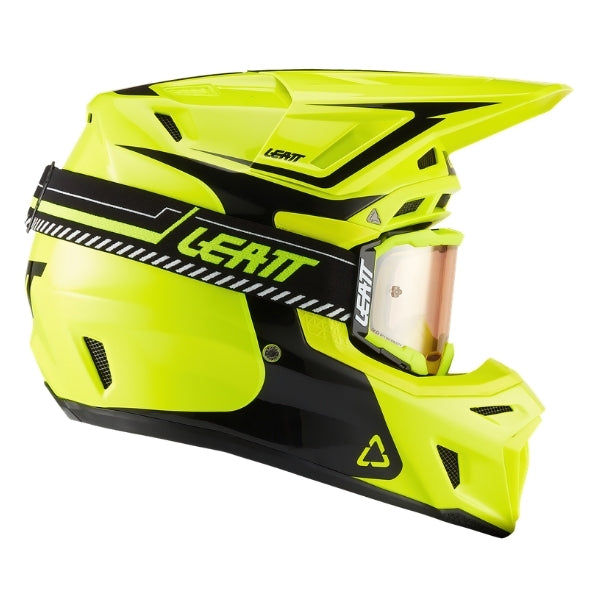 Leatt Moto 8.5 motocross helmet kit in Neon Yellow, right-side profile showing the peak and chin guard with included goggles