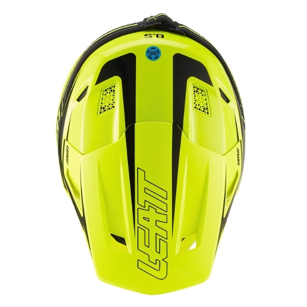 Leatt Moto 8.5 motocross helmet kit in Neon Yellow, top view showing the peak, vents, and shell graphics
