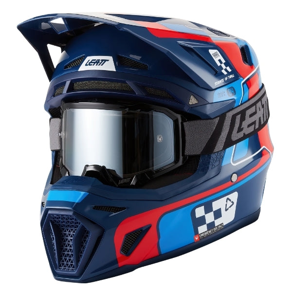Leatt Moto 8.5 motocross helmet kit in Blue/Red, front-left angle showing the peak and chin guard with included goggles