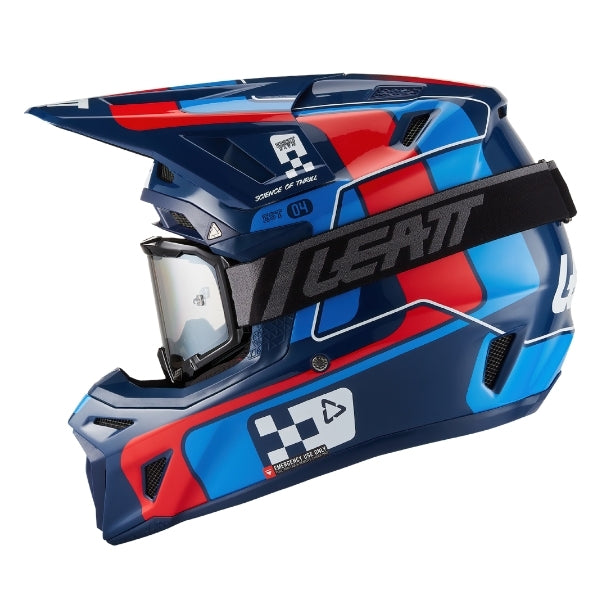 Leatt Moto 8.5 motocross helmet kit in Blue/Red, left-side profile showing the shell graphics with included goggles