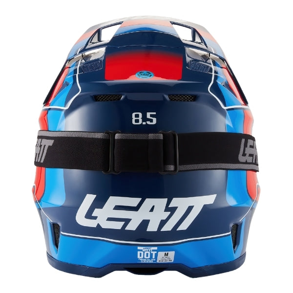Leatt Moto 8.5 motocross helmet kit in Blue/Red, rear view showing the shell vents and goggle strap