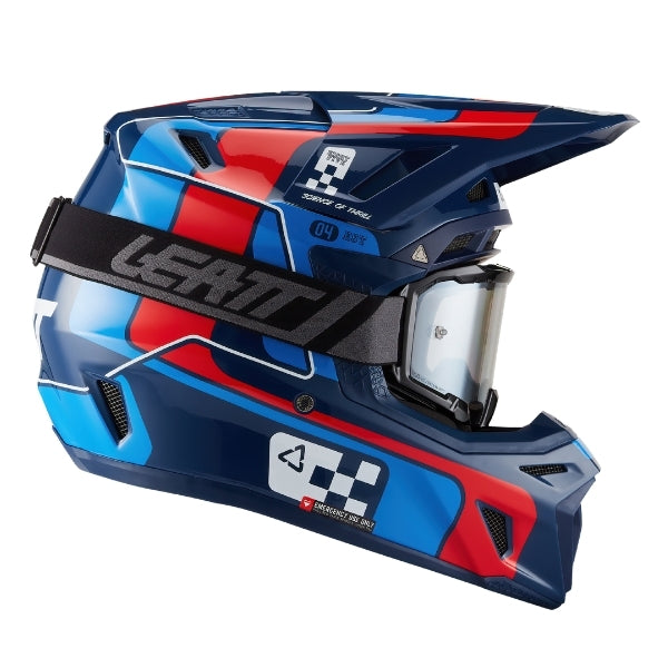 Leatt Moto 8.5 motocross helmet kit in Blue/Red, right-side profile showing the peak and chin guard with included goggles