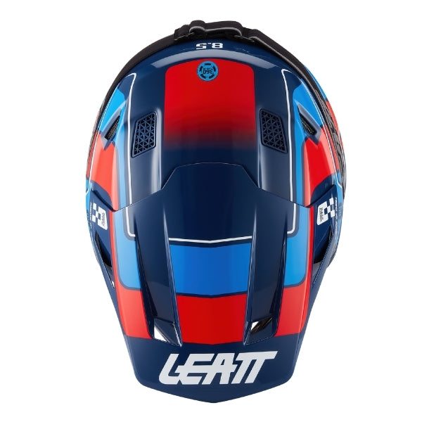 Leatt Moto 8.5 motocross helmet kit in Blue/Red, top view showing the peak, vents, and shell graphics