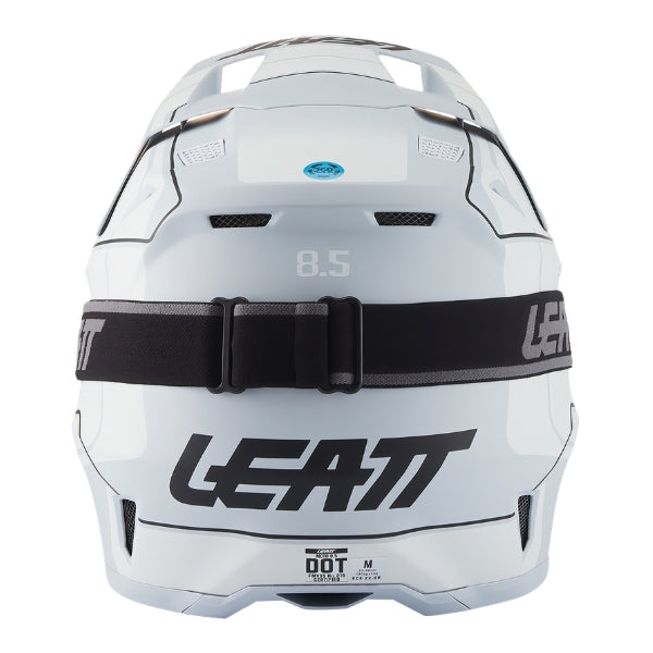 Leatt Moto 8.5 motocross helmet kit in Grey, rear view showing the shell vents and goggle strap