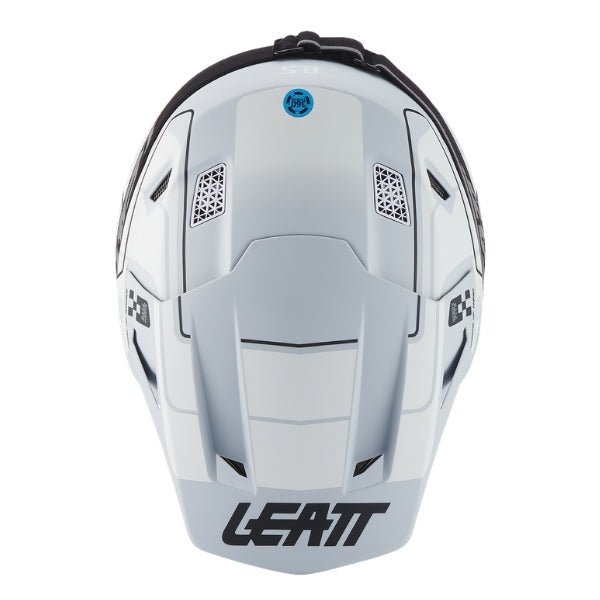 Leatt Moto 8.5 motocross helmet kit in Grey, top view showing the peak, vents, and shell graphics