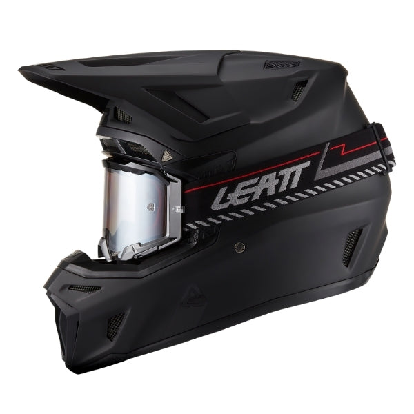 Leatt Moto 8.5 motocross helmet kit in Satin Black, left-side profile showing the shell graphics with included goggles