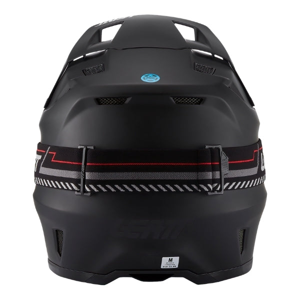 Leatt Moto 8.5 motocross helmet kit in Satin Black, rear view showing the shell vents and goggle strap