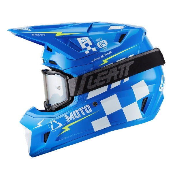 Leatt Moto 7.5 motocross helmet kit in Blue, left-side profile showing the shell graphics with included goggles
