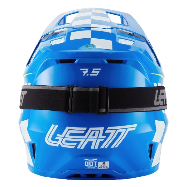 Leatt Moto 7.5 motocross helmet kit in Blue, rear view showing the shell vents and goggle strap