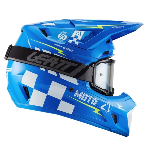 Leatt Moto 7.5 motocross helmet kit in Blue, right-side profile showing the peak and chin guard with included goggles