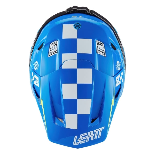 Leatt Moto 7.5 motocross helmet kit in Blue, top view showing the peak, vents, and shell graphics