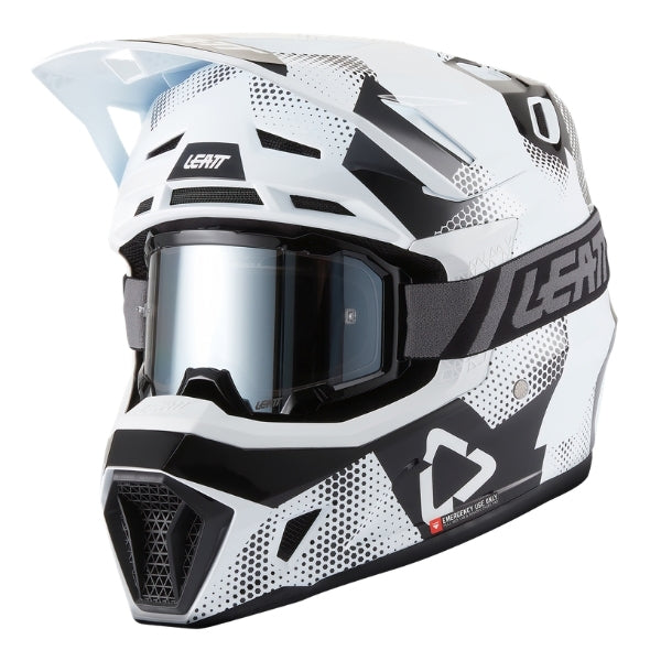 Leatt Moto 7.5 motocross helmet kit in Camo Black/White, front-left angle showing the peak and chin guard with included goggles